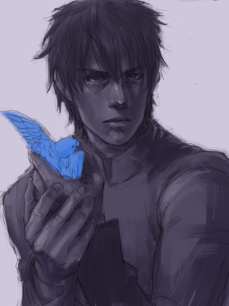 1boy, bird, calborn, fate/zero, fate_(series), kotomine_kirei, realistic, spot_color