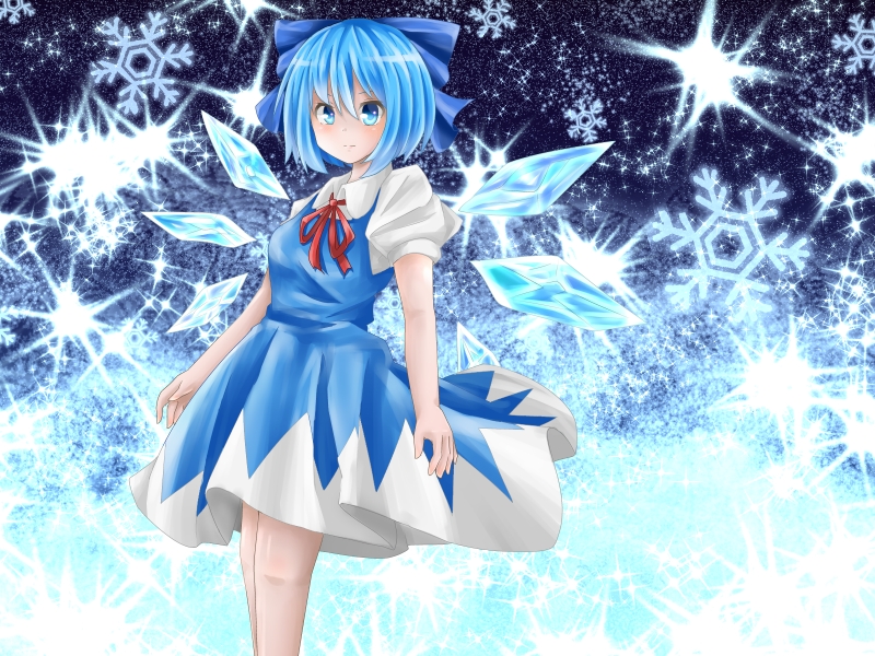 1girl, blue_eyes, blue_hair, bow, cirno, dress, gradient, gradient_background