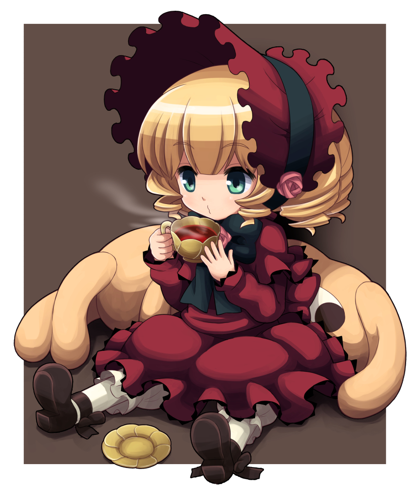 aka_(s3637), bonnet, cup, dress, drill_hair, green_eyes, hina_ichigo, kunkun