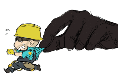 ><, background, blush, giant_hand, hat, helmet, panic, running