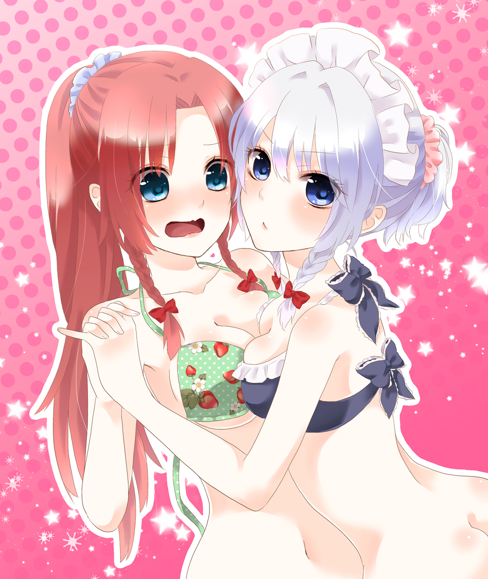 2girls, alternate_hair_length, alternate_hairstyle, asymmetrical_docking, back, bikini, bikini_top, blue_bikini