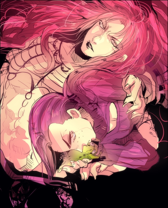 2boys, bakanoise, diavolo, freckles, frog, jojo_no_kimyou_na_bouken, long_hair, multiple_boys, pink_hair, purple_hair, vinegar_doppio