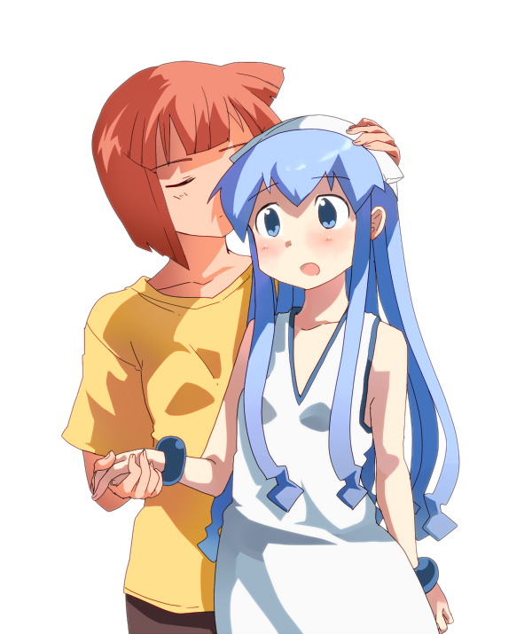 2girls, aizawa_eiko, blue_hair, blush, bracelet, closed_eyes, dress, holding_hands