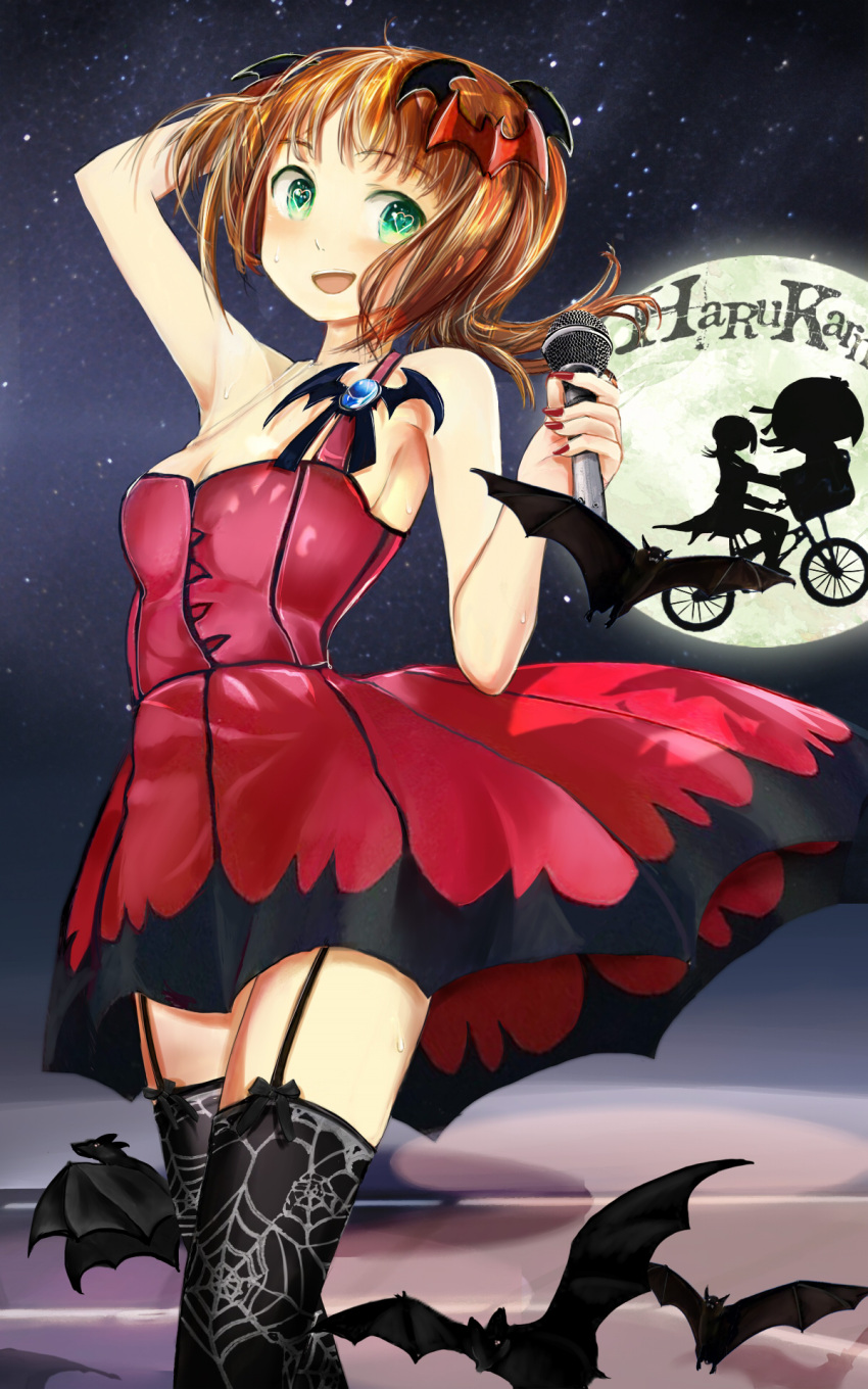 1girl, amami_haruka, armpits, bare_shoulders, bat, bicycle, blush, bow