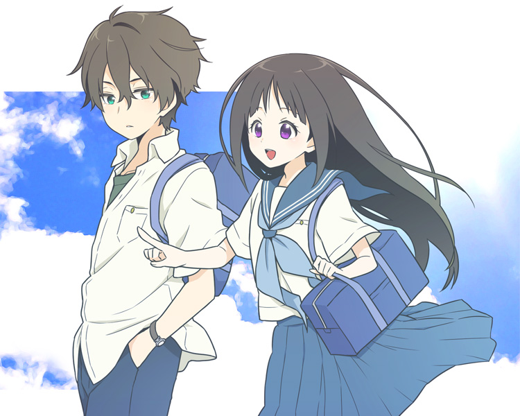 1boy, 1girl, bag, black_hair, brown_hair, chitanda_eru, couple, green_eyes, hyouka, long_hair, oreki_houtarou, school_uniform, serafuku, short_hair, teadial, violet_eyes