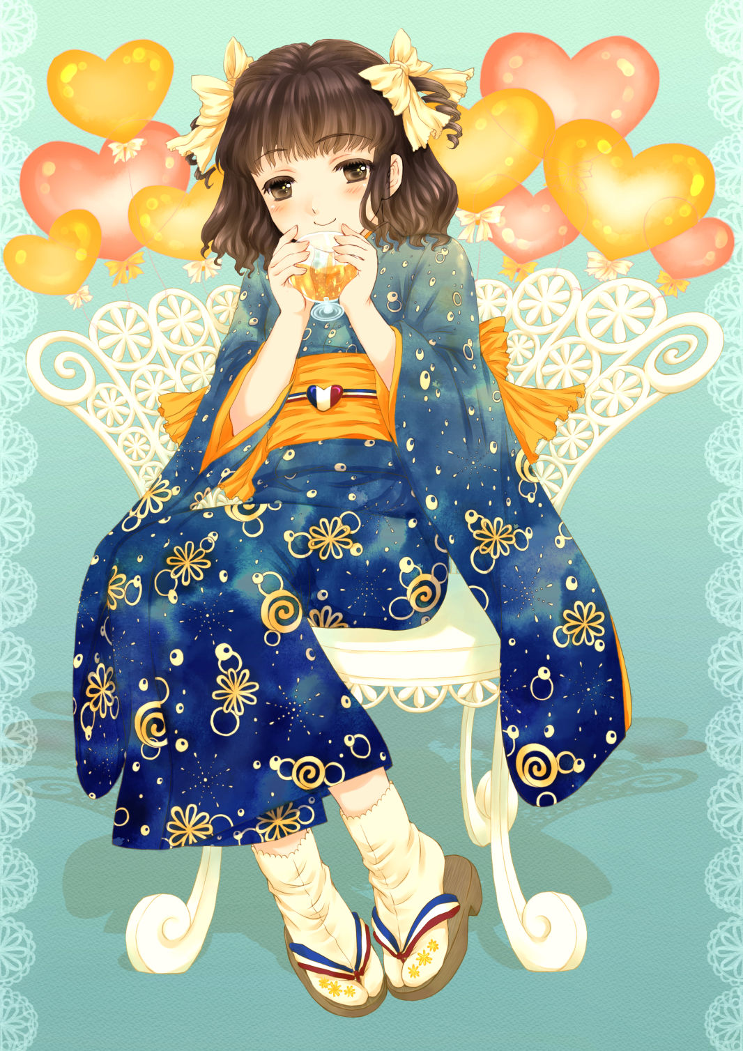 1girl, balloon, blush, brown_eyes, brown_hair, chair, cup, drill_hair