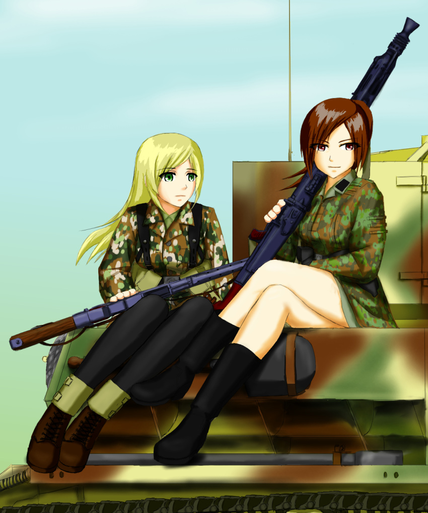 2girls, assault_rifle, belt, blonde_hair, boots, brown_eyes, brown_hair, caterpillar_tracks, dragoon_(dragon_w), green_eyes, gun, highres, holster, long_hair, machine_gun, mg42, military, military_uniform, military_vehicle, multiple_girls, original, ponytail, pouch, rifle, shovel, sitting, soldier, stg44, tank, thigh-highs, uniform, vehicle, weapon, worktool, world_war_ii