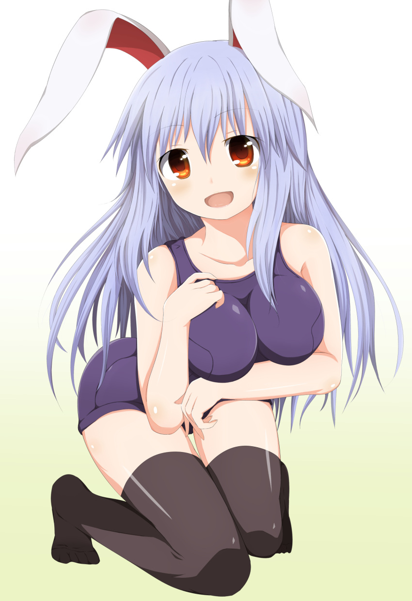 1girl, absurdres, animal_ears, black_legwear, blue_hair, breast_hold, breasts, highres