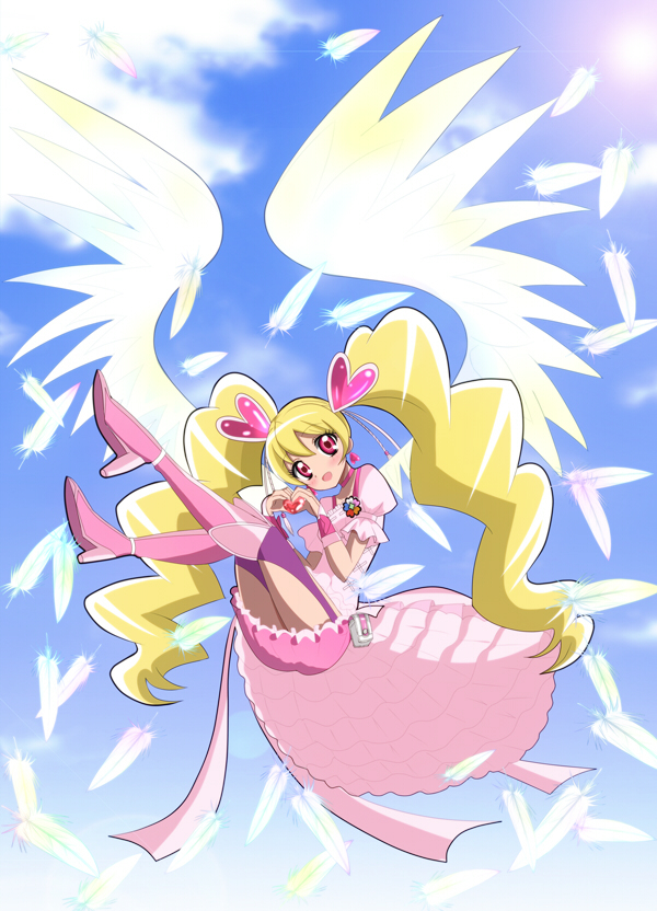 1girl, angel_wings, blonde_hair, blue_background, boots, choker, cure_angel_(fresh_precure!), cure_peach