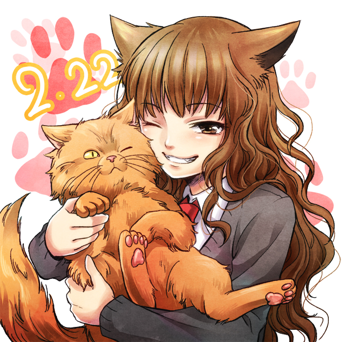1girl, animal_ears, brown_eyes, brown_hair, cat, cat_ears, cheek_press, crookshanks, fang, harry_potter, hermione_granger, holiday-jin, long_hair, wavy_hair, wink