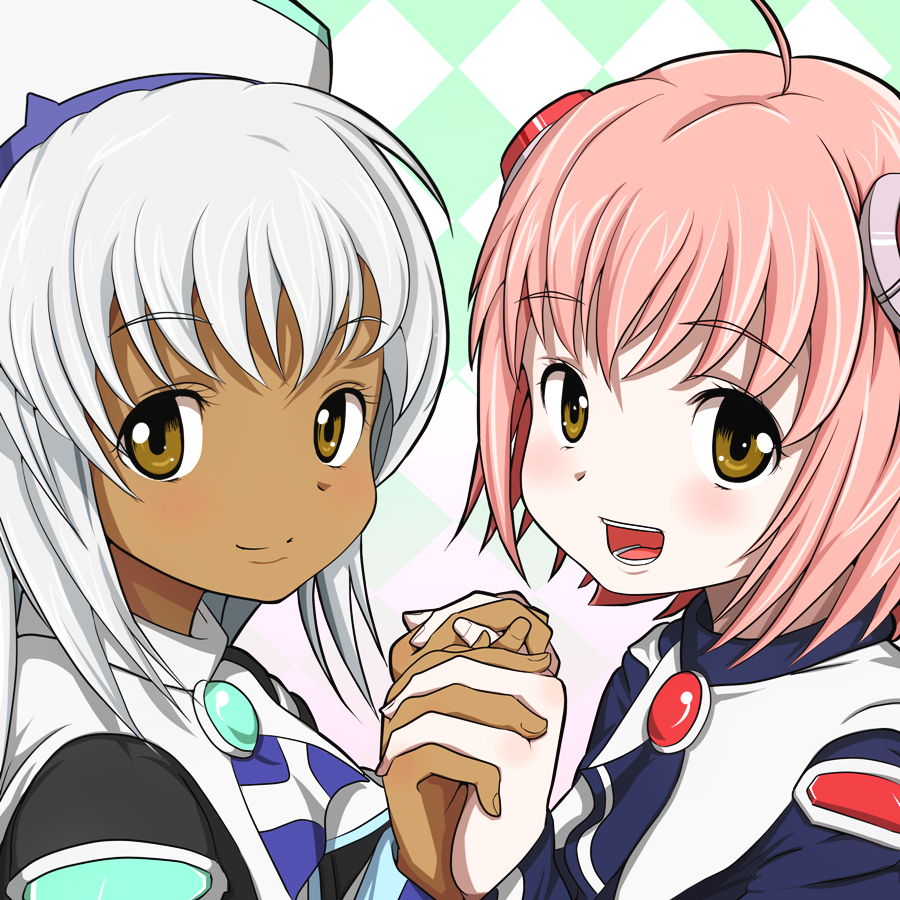 bad_id, blush, brooch, dark_skin, hair_ornament, hairband, hand_holding, hands