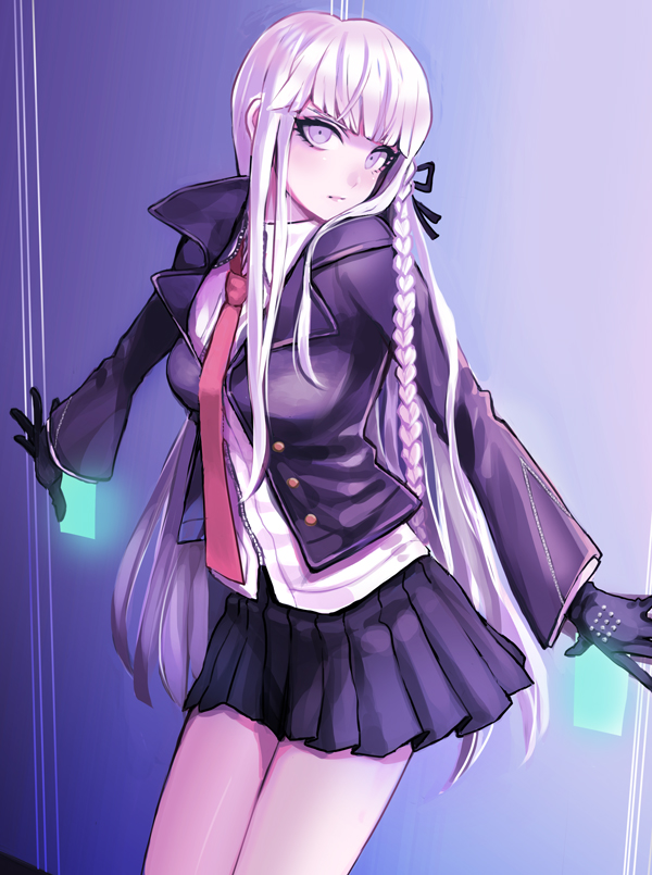 1girl, braid, breasts, dangan_ronpa, gloves, hair_ribbon, kirigiri_kyouko, long_hair