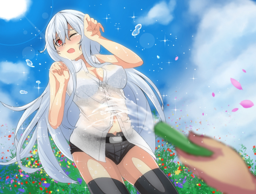 1girl, belt, black_legwear, blue_hair, blurry, bra, depth_of_field, hose