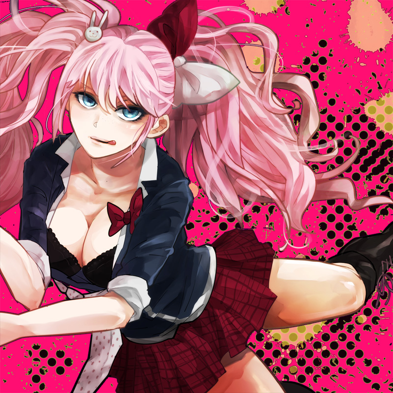 1girl, blue_eyes, boots, bow, breasts, cleavage, dangan_ronpa, enoshima_junko, hair_bow, large_breasts, long_hair, mizunonaka2, necktie, pink_hair, plaid, plaid_skirt, pleated_skirt, skirt, solo, tongue