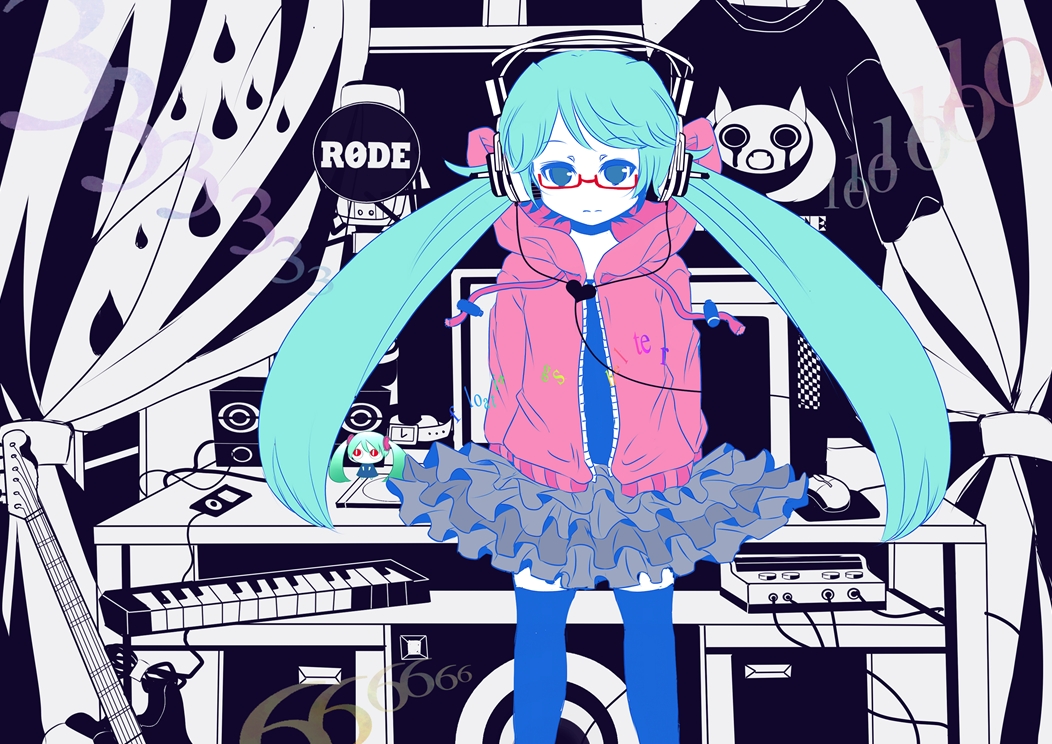 1girl, arms_behind_back, glasses, green_hair, hatsune_miku, headphones, instrument, keyboard_(instrument)