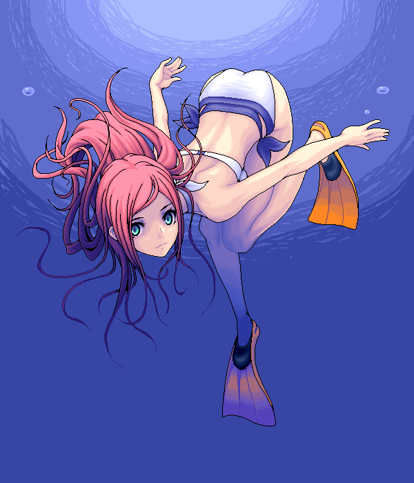 1girl, bikini, blue_eyes, freediving, original, redhead, swim_fins, swimsuit, underwater, yuuki_(silent_moon)