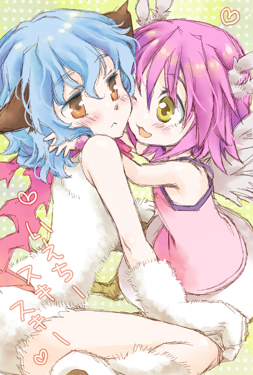 2girls, animal_ears, bird_wings, blue_hair, feathers, fluff, harpy, harpy_(muromi-san)