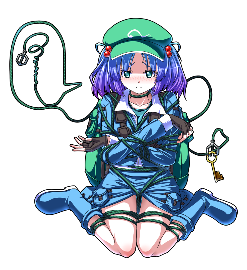 backpack, bag, bdsm, blue_eyes, blue_hair, blush, bondage, boots