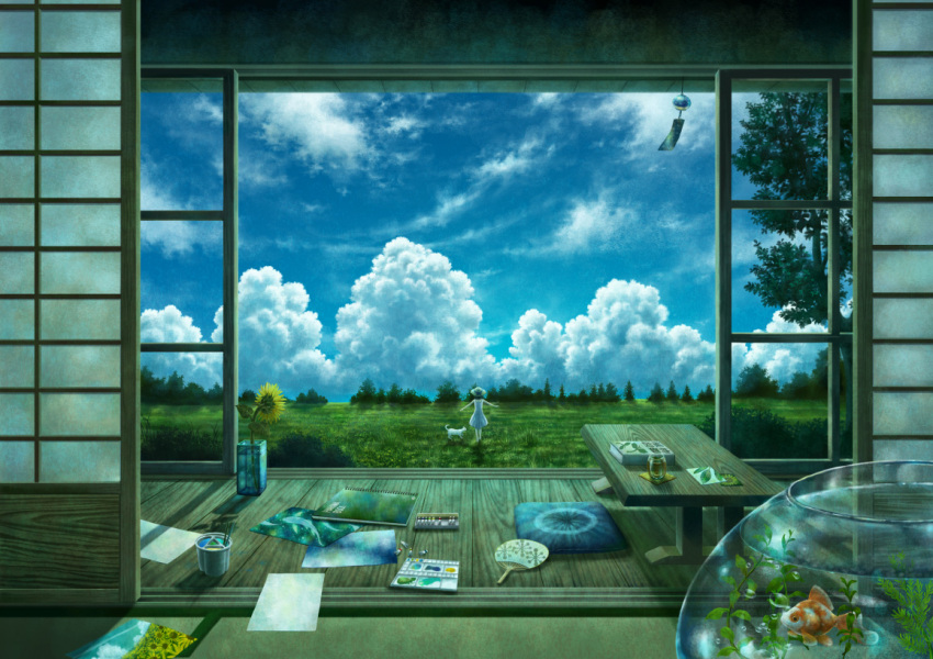 1girl, art_brush, blue_sky, book, cat, clouds, fan, fish