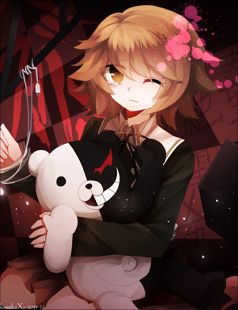 1boy, brown_eyes, brown_hair, cable, dangan_ronpa, fujisaki_chihiro, monokuma, school_uniform