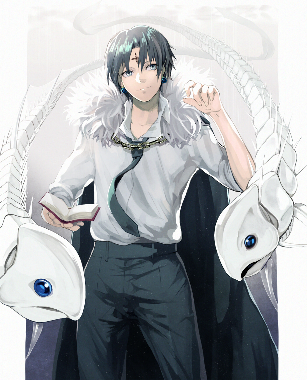 1boy, artist_request, black_hair, book, cape, chain, chrollo_lucilfer, earrings