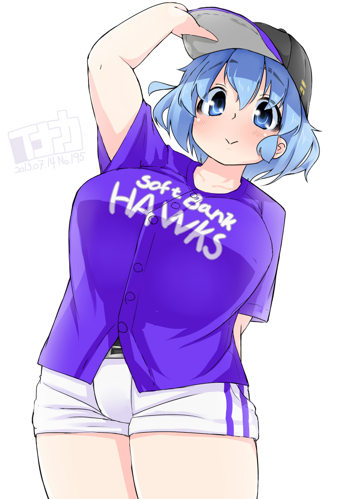 :>, arm_up, baseball_cap, baseball_uniform, blue_eyes, blue_hair, breasts, fukuoka_softbank_hawks