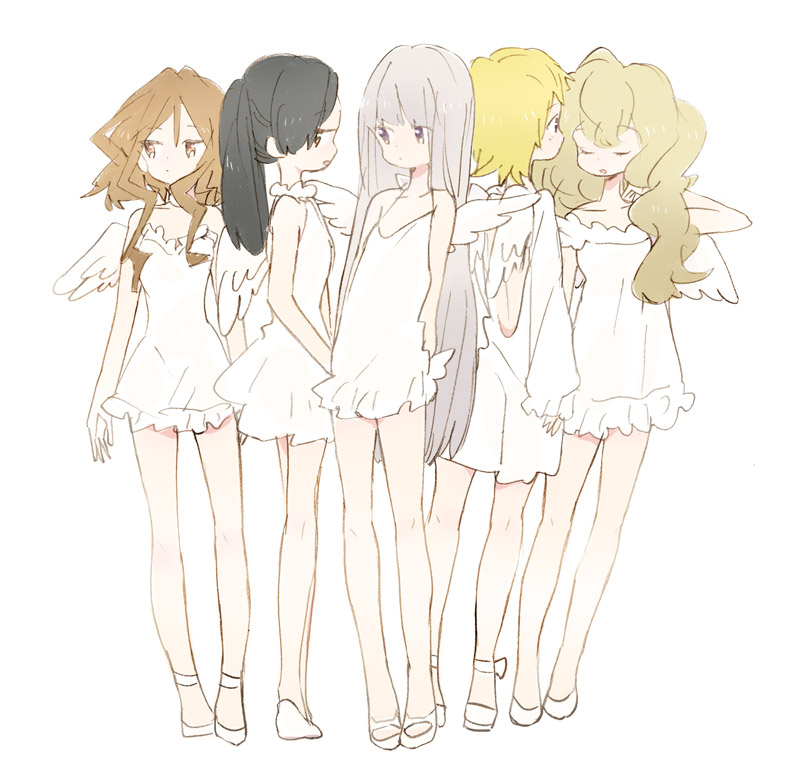 5girls, angel_wings, black_eyes, black_hair, blonde_hair, brown_hair, choker, closed_eyes, dress, hair_ribbon, high_heels, long_hair, mokeo, multiple_girls, orange_eyes, original, ribbon, shoes, short_hair, violet_eyes, white_background, white_dress, white_hair, wings