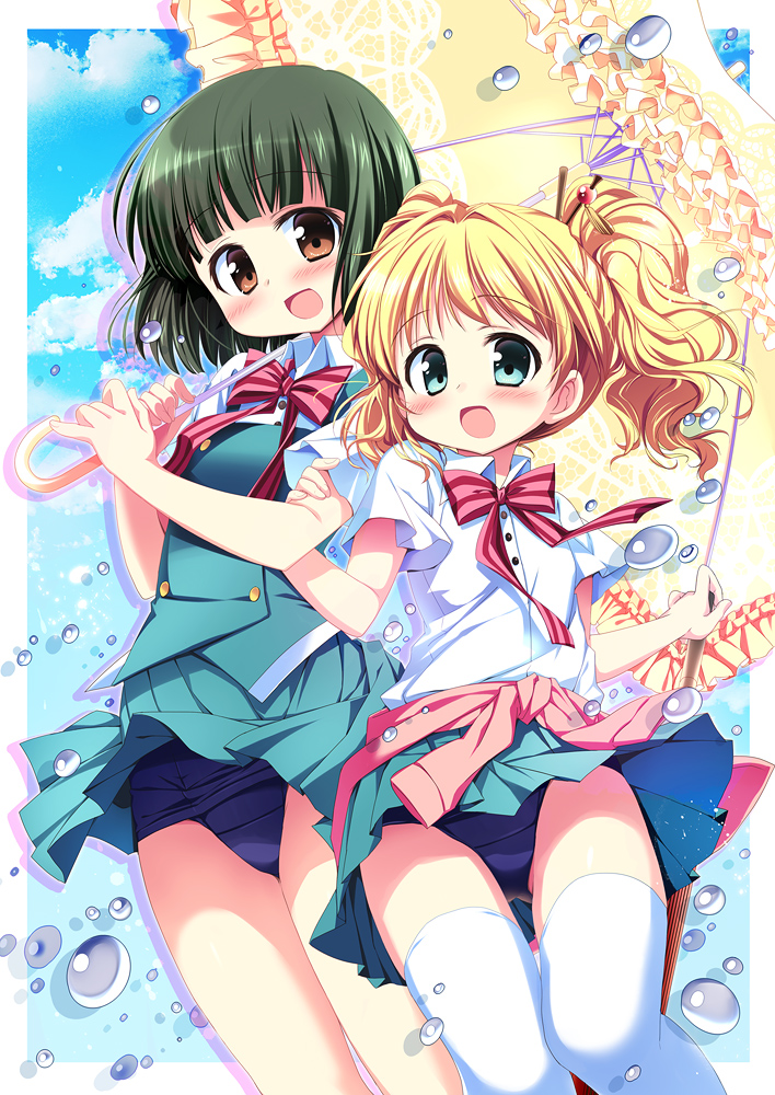 2girls, :d, alice_carteret, arm_grab, blonde_hair, blue_eyes, blush, brown_eyes