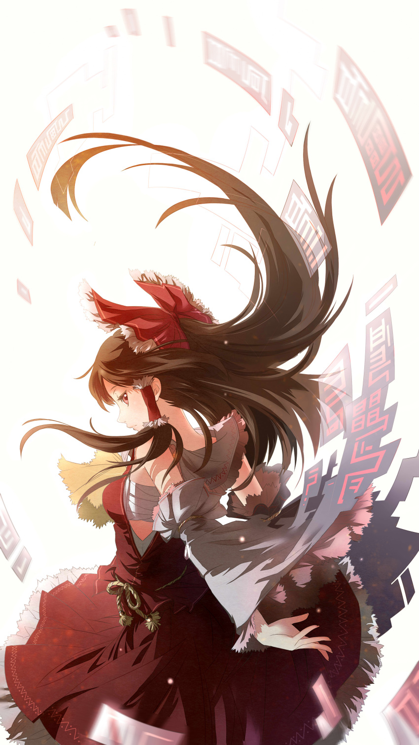 1girl, absurdres, bow, brown_hair, detached_sleeves, from_behind, hair_bow, hakurei_reimu, highres, igneous25, long_hair, looking_back, ofuda, red_eyes, sarashi, solo, touhou, very_long_hair