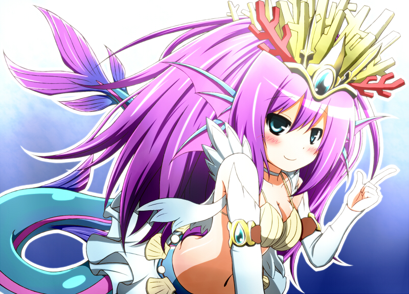 1girl, blue_eyes, breasts, cleavage, crown, looking_at_viewer, mermaid, monster_girl, navel, purple_hair, puzzle_&amp;_dragons, shell, shell_bikini, siren_(p&amp;d), smile, solo, tail, taka_light