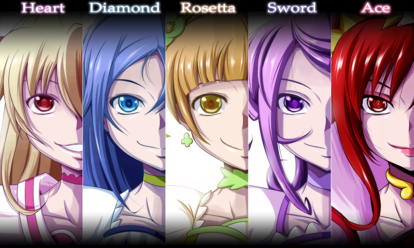 5girls, aida_mana, blonde_hair, blue_eyes, blue_hair, brown_eyes, bust, character_name