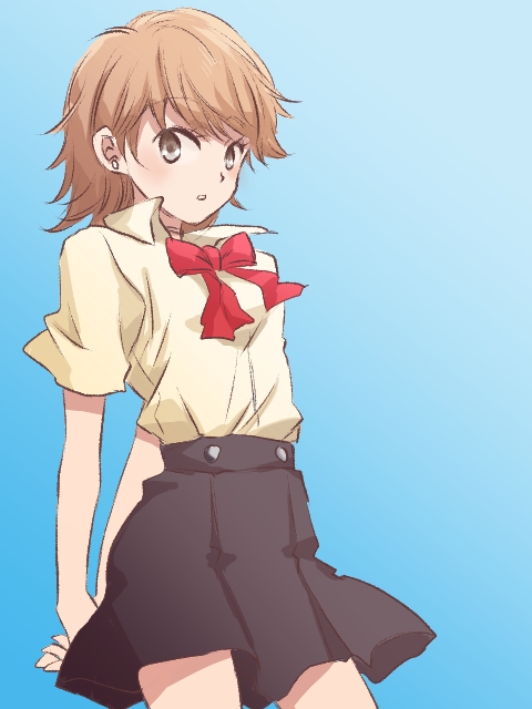 1girl, bow, brown_eyes, brown_hair, cowboy_shot, earrings, jewelry, looking_at_viewer