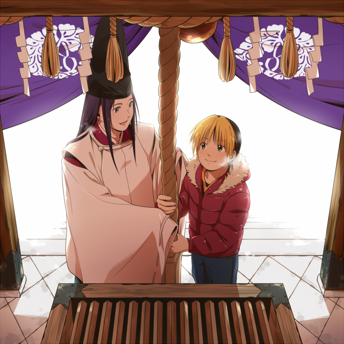 2boys, black_hair, box, coat, donation_box, fujiwara_no_sai, hat, hikaru_no_go