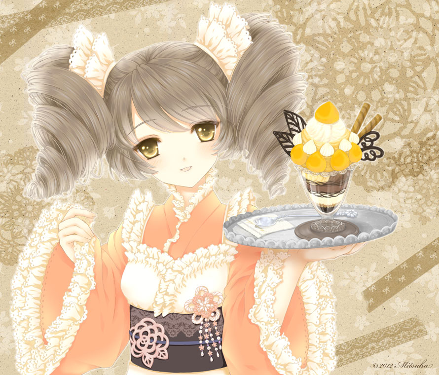 1girl, brown_hair, drill_hair, frills, looking_at_viewer, mitsuha_koharu, original, parfait