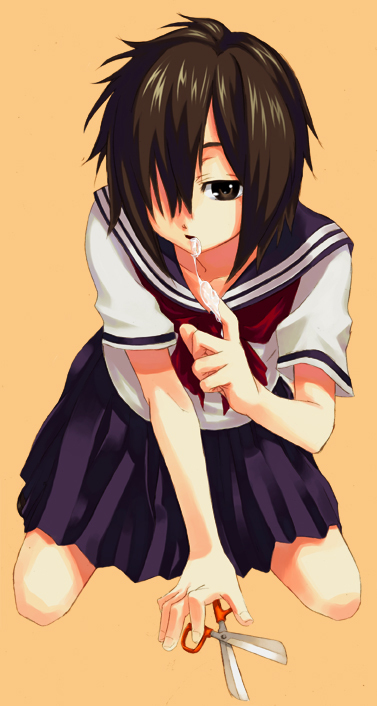 1girl, black_eyes, black_hair, hair_over_one_eye, nazo_no_kanojo_x, s_kengo, saliva, saliva_trail