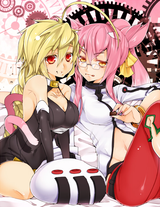 2girls, ahoge, animal_ears, blazblue, blonde_hair, bow, bracelet, braid