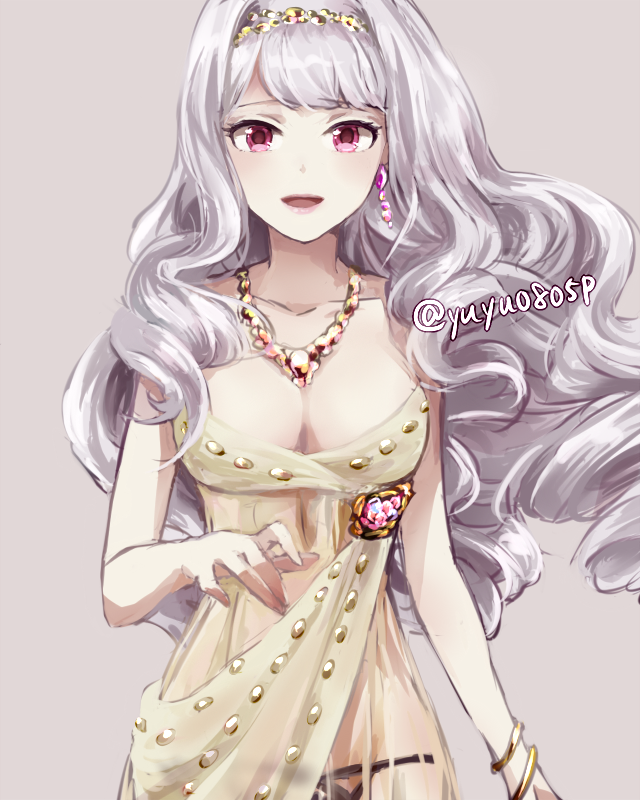 1girl, black_panties, breasts, cleavage, collarbone, drill_hair, grey_background, hair_intakes