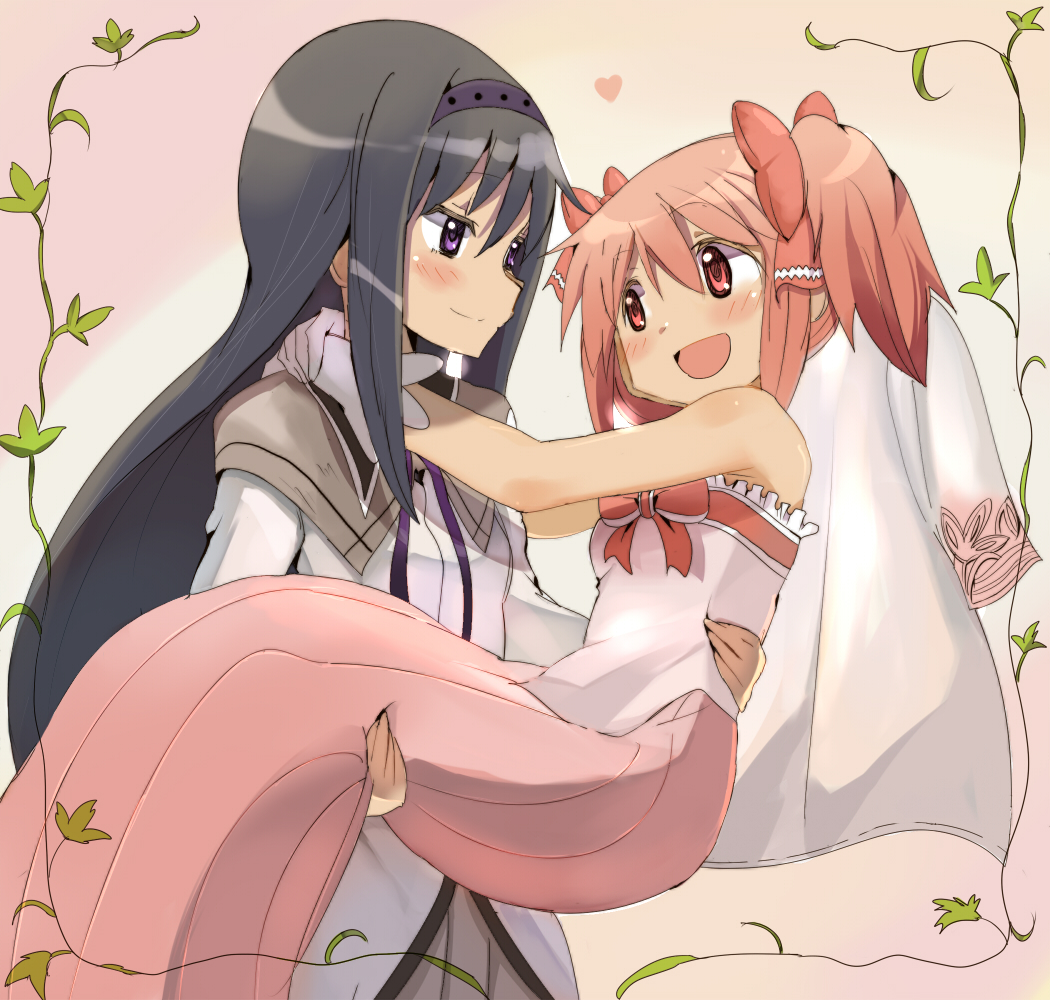 2girls, :d, akemi_homura, black_hair, blush, carrying, dress, gloves, hairband, kaname_madoka, long_hair, mahou_shoujo_madoka_magica, multiple_girls, open_mouth, pink_background, pink_dress, pink_eyes, pink_hair, princess_carry, smile, suda_hitoshi, tareme, twintails, veil, vines, violet_eyes, white_gloves, yuri