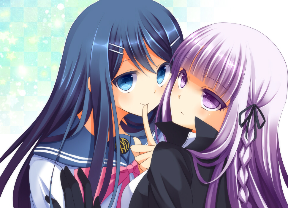 2girls, black_gloves, blue_eyes, blue_hair, braid, bust, dangan_ronpa, finger_to_mouth