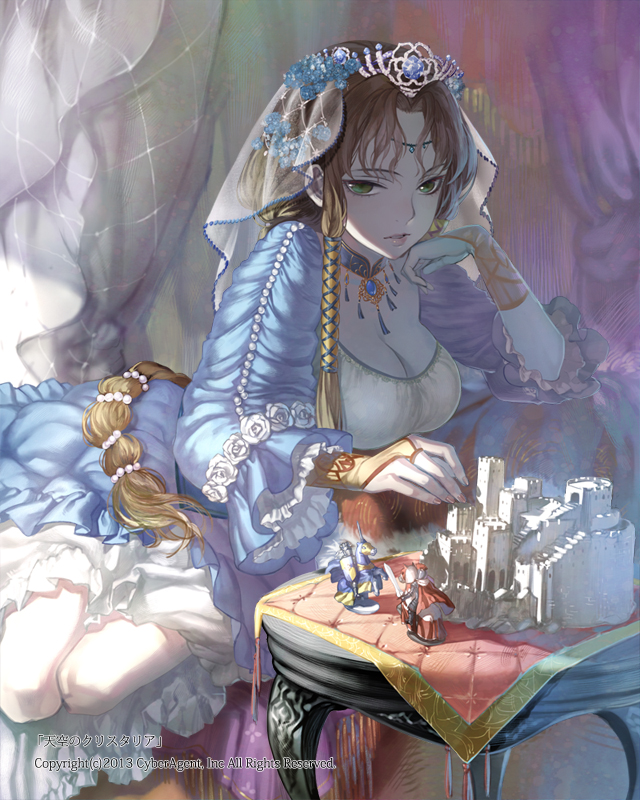 1girl, breasts, brown_hair, chair, chin_rest, cleavage, couch, figure, green_eyes, hair_tubes, headdress, long_hair, looking_at_viewer, model_building, newrein, solo, table, tenkuu_no_crystalia, watermark
