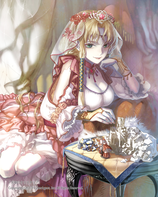 1girl, blonde_hair, breasts, broken, chair, chin_rest, cleavage, couch, figure, green_eyes, hair_tubes, headdress, long_hair, looking_at_viewer, model_building, newrein, skirt, smile, solo, table, tenkuu_no_crystalia, watermark