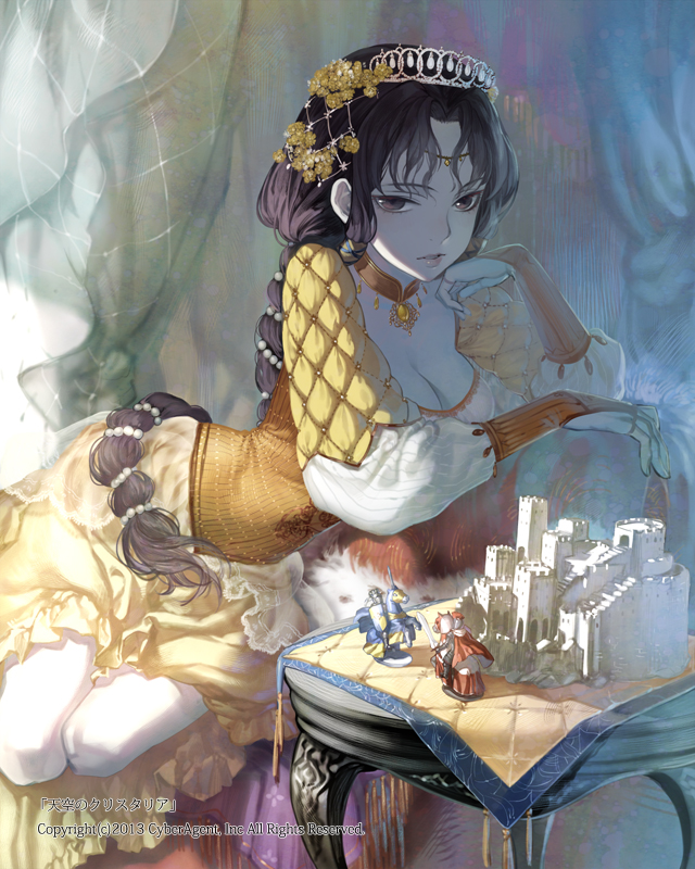 1girl, braid, breasts, brown_eyes, brown_hair, chair, chin_rest, cleavage