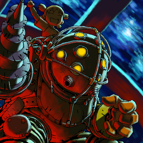 big_daddy, big_daddy_(bioshock), bioshock, crossover, dark, drill, koiwai_yotsuba, lowres