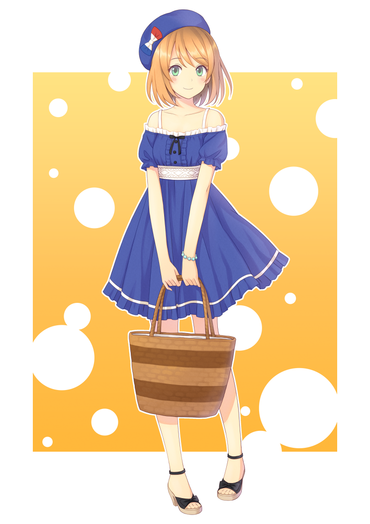 1girl, bag, bare_shoulders, blush, green_eyes, hat, high_heels, kuro_(chrono)