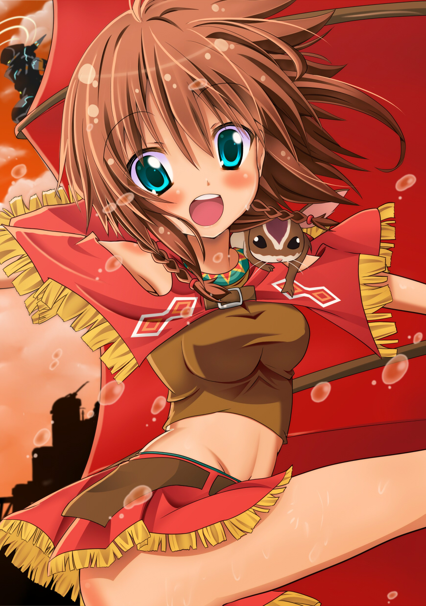 1girl, amy_(suisei_no_gargantia), animal, bare_shoulders, blue_eyes, braid, brown_hair, chamber_(suisei_no_gargantia)