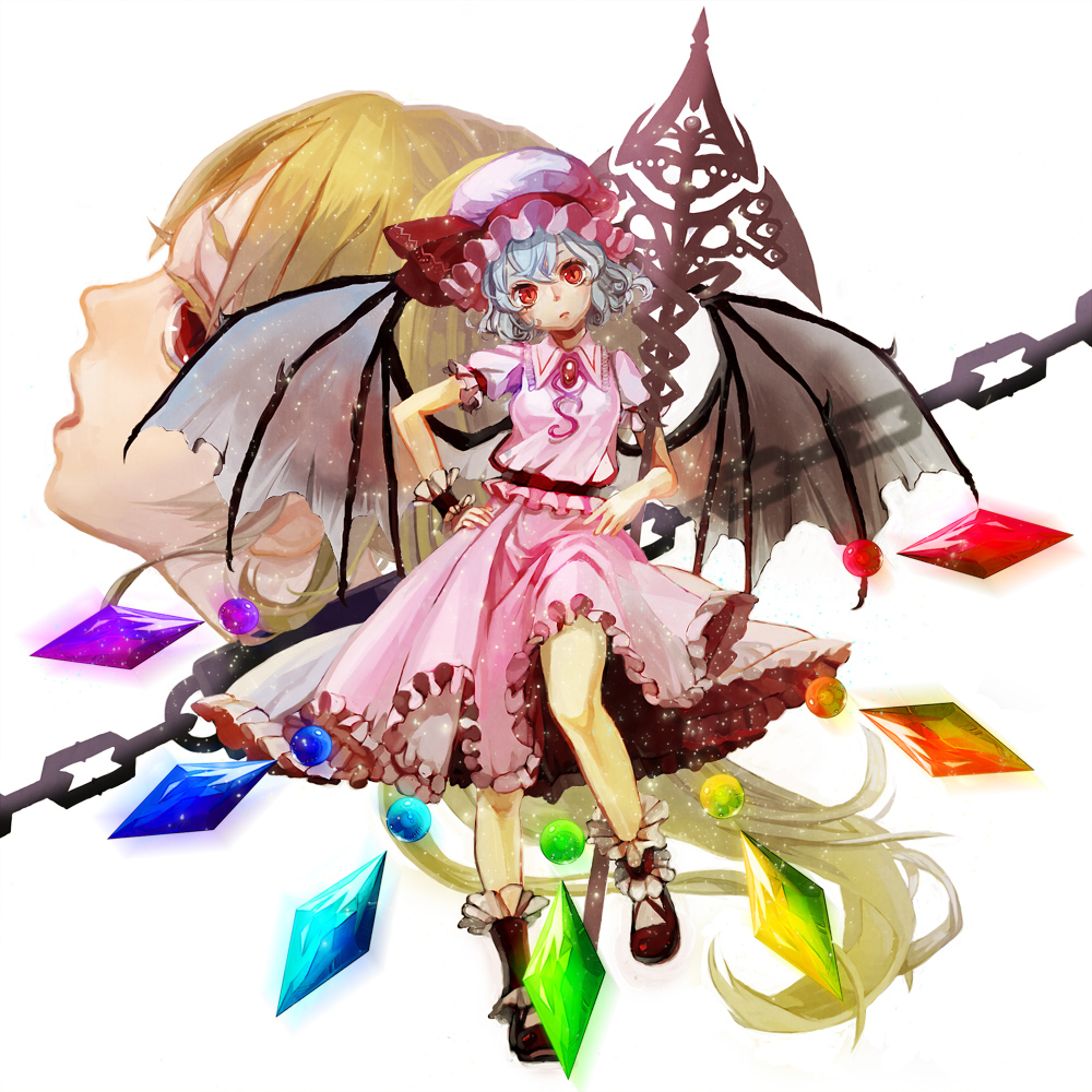 2girls, anklet, bat_wings, blonde_hair, blue_hair, bow, chain, crystal