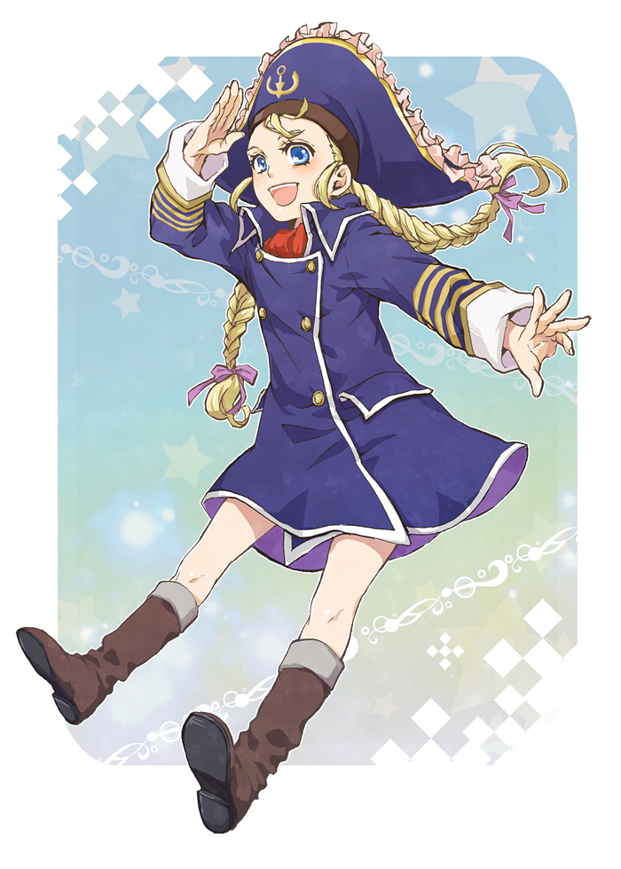 blonde_hair, blue_eyes, boots, braid, hat, long_hair, patty_fleur, smile