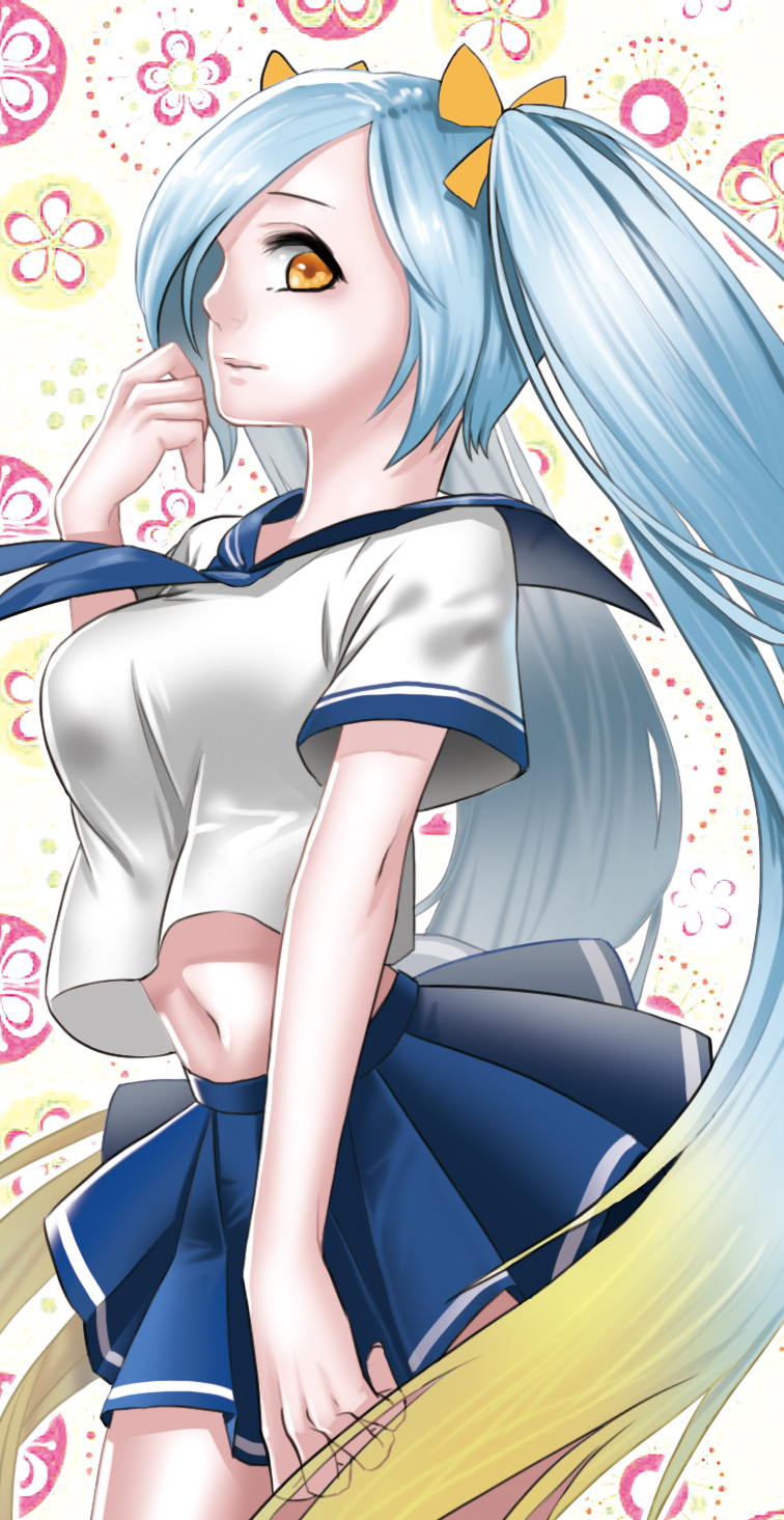 1girl, blonde_hair, blue_hair, breasts, dockab, gradient_hair, hair_ribbon, highres, large_breasts, league_of_legends, long_hair, midriff, multicolored_hair, pleated_skirt, ribbon, school_uniform, serafuku, skirt, solo, sona_buvelle, twintails, very_long_hair