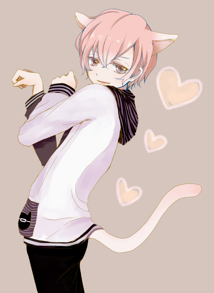 1boy, animal_ears, blue_eyes, cat_ears, cat_tail, heart, hoodie, male, mikado_nagi, open_mouth, paw_pose, pink_hair, smile, solo, tail, uta_no_prince-sama