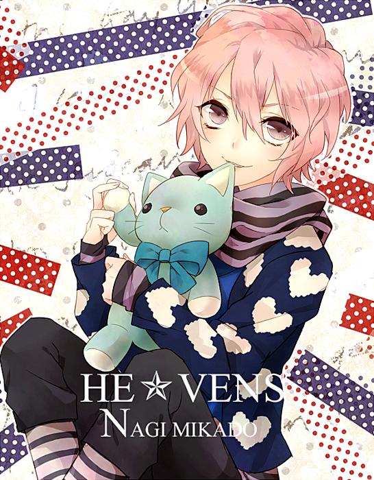 1boy, amo_(yellowpink_a), character_name, jacket, male, mikado_nagi, pink_hair, scarf
